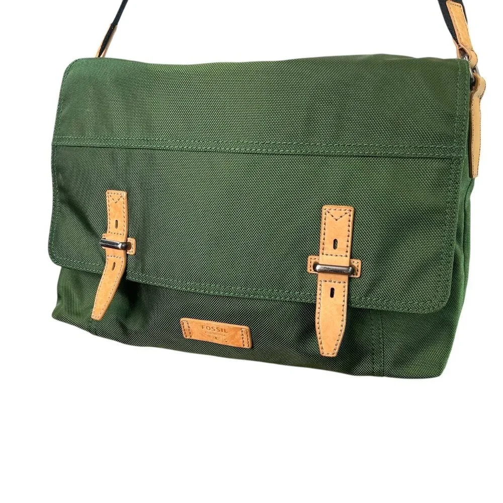Fossil Large Forest Green Nylon Messenger Laptop Bag Leather Trim Large